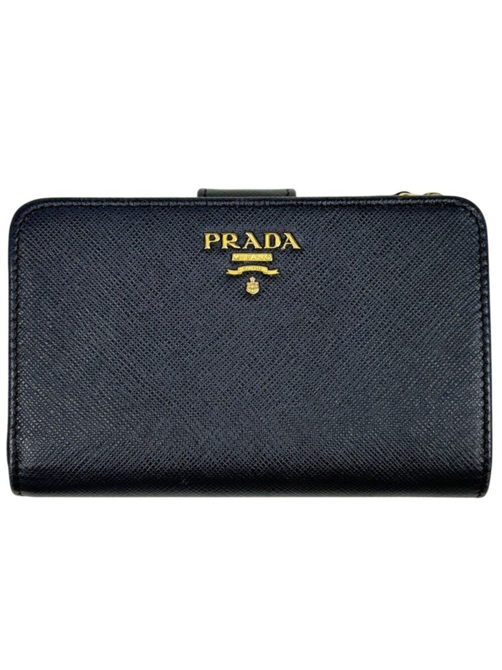 Prada Logo Bifold Wallet L-Shaped Zipper Saffiano Leather Navy